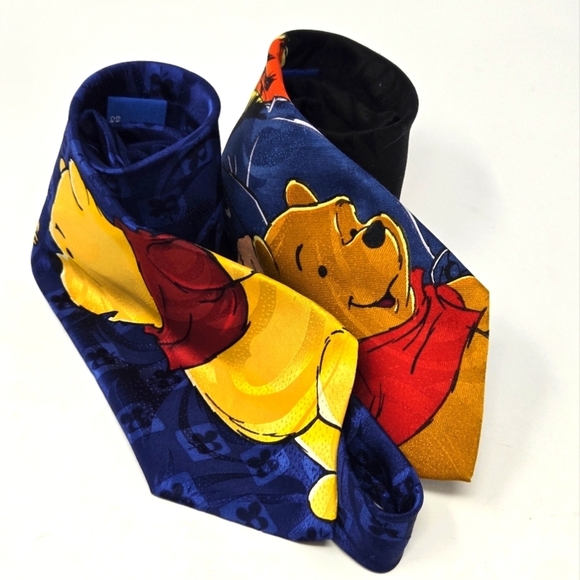 VINTAGE DISNEY WINNIE THE POOH LOT OF 2 NECKTIES MENSWEAR BLACK & BLUE MEN OS - Picture 1 of 12